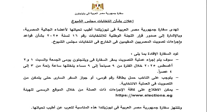 السفير نبيل حبشى: بدء التصويت في انتخابات مجلس الشيوخ للمصريين بالخارج منتصف ليل اليوم من نيوزيلندا