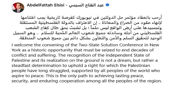 الرئيس السيسى: مؤتمر “حل الدولتين” فرصة تاريخية يجب اغتنامها لإنهاء عقود من الصراع والمعاناة