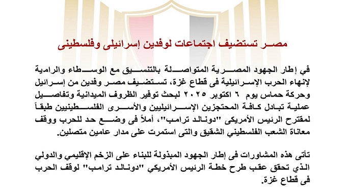 الخارجية: مصر تستضيف اجتماعات لوفدين إسرائيلى وفلسطينى