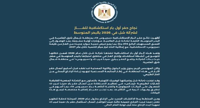 البترول: “شل” تنجح فى حفر أول بئر استكشافية للغاز بالبحر المتوسط فى 2026