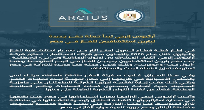 أركيوس إنرجى تبدأ حملة حفر جديدة لبئرين استكشافيين للغاز فى مصر