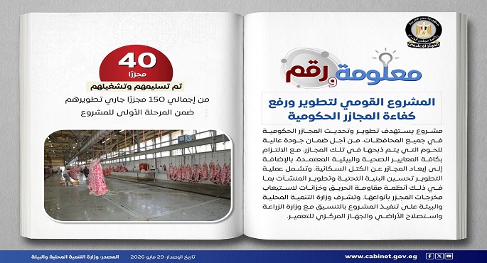 بالإنفوجراف.. مجلس الوزراء: تواصل الدولة تنفيذ المشروع القومى لتطوير ورفع كفاءة المجازر الحكومية